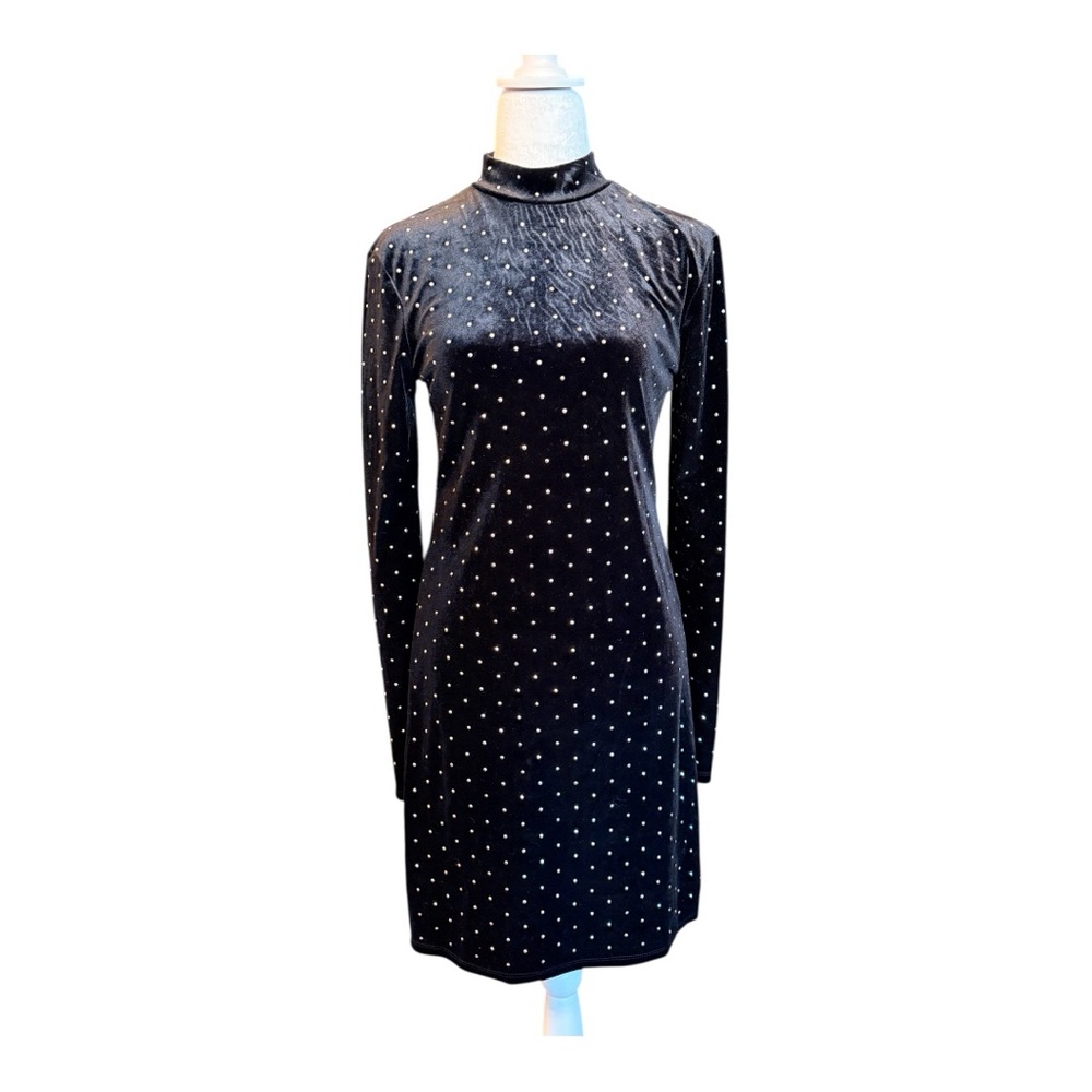 Velour Studded Mock Neck Black Dress - Picture 5 of 7